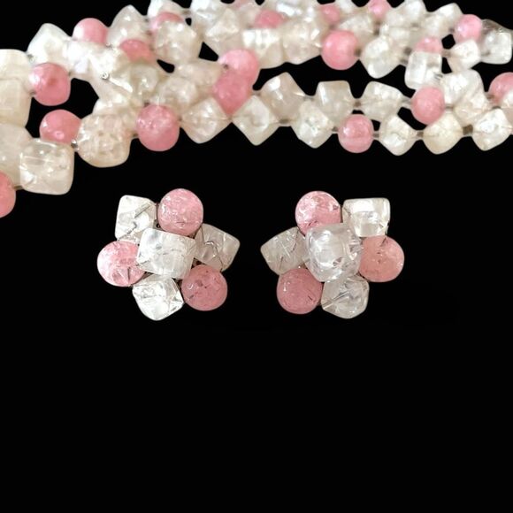 Vintage Made in Austria Pink Triple Strand Necklace Set - Picture 3 of 6